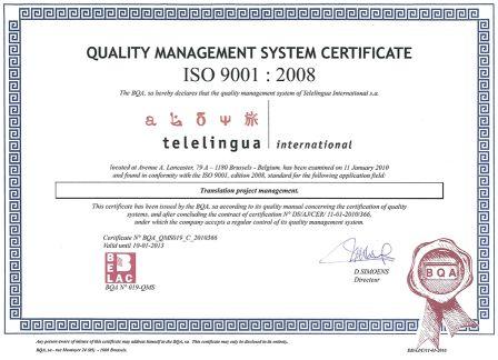 Telelingua International obtient le certificat ISO 9001:2008